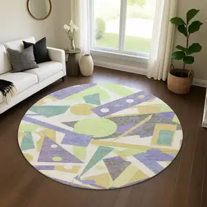 Photo of 8' Lavender Lime Green And Gold Geometric Washable Round Rug With UV Protection