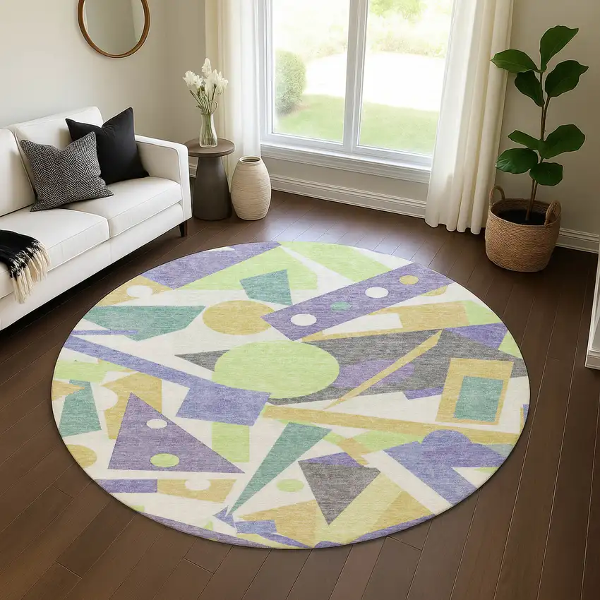 8' Lavender Lime Green And Gold Geometric Washable Round Rug With UV Protection Photo 4