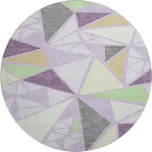 Photo of 8' Lavender Lime Green And Ivory Geometric Washable Round Rug With UV Protection