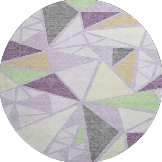 8' Lavender Lime Green And Ivory Geometric Washable Round Rug With UV Protection Photo 3