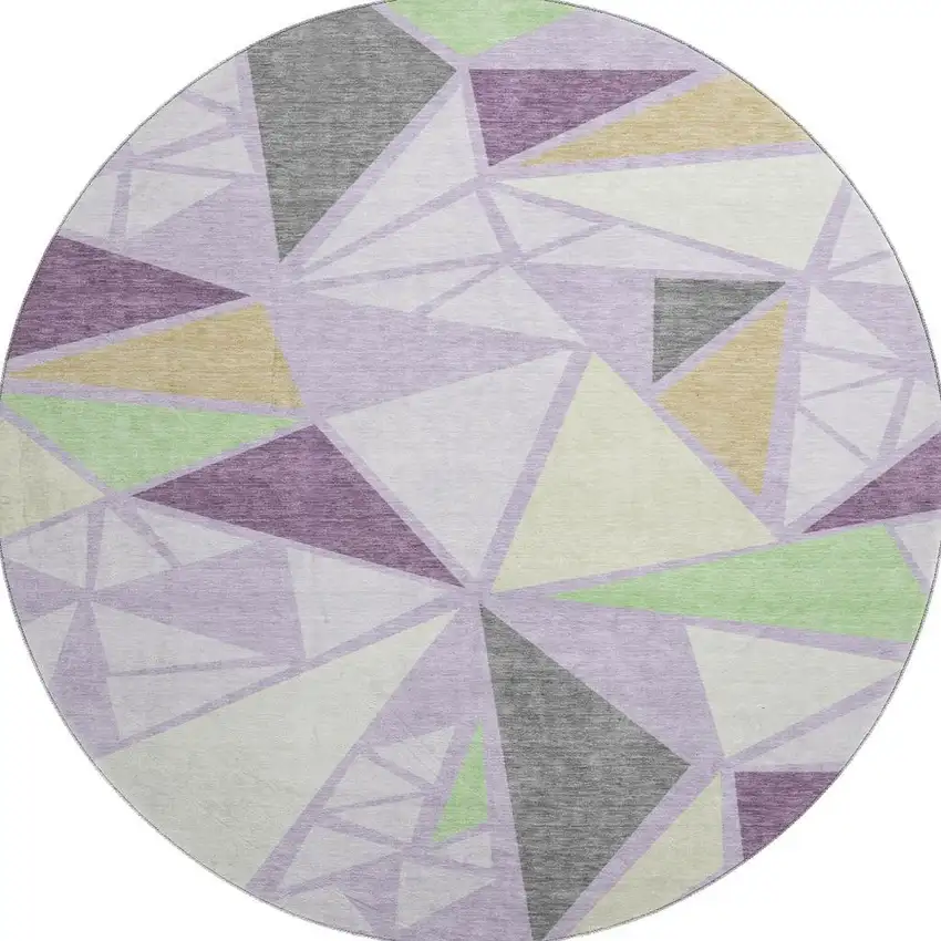 8' Lavender Lime Green And Ivory Geometric Washable Round Rug With UV Protection Photo 3