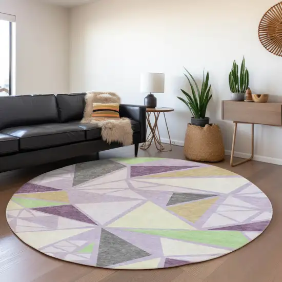 8' Lavender Lime Green And Ivory Geometric Washable Round Rug With UV Protection Photo 4