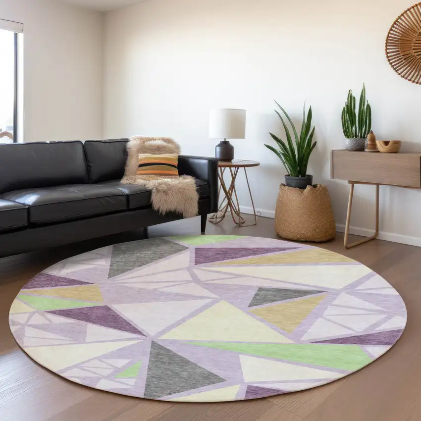 8' Lavender Lime Green And Ivory Geometric Washable Round Rug With UV Protection Photo 4