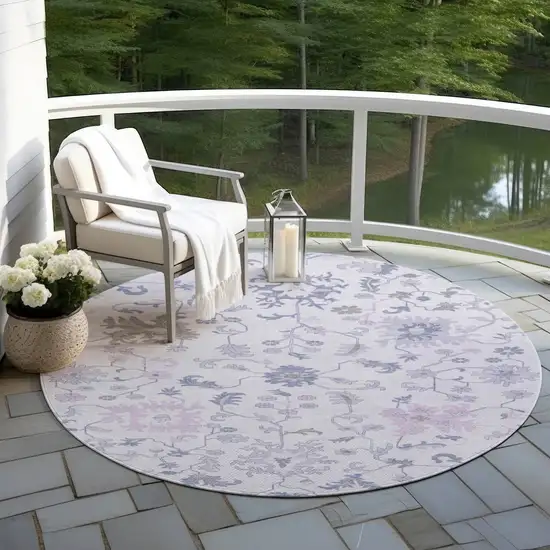 8' Lavender Mauve And Gray Round Floral Washable Indoor Outdoor Area Rug Photo 5