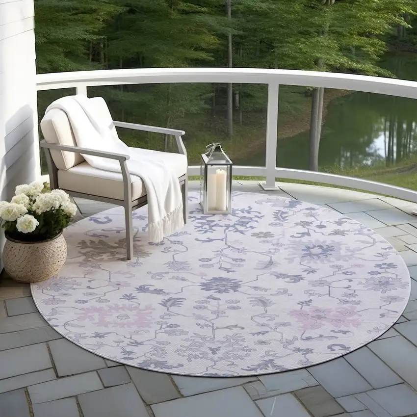 8' Lavender Mauve And Gray Round Floral Washable Indoor Outdoor Area Rug Photo 5
