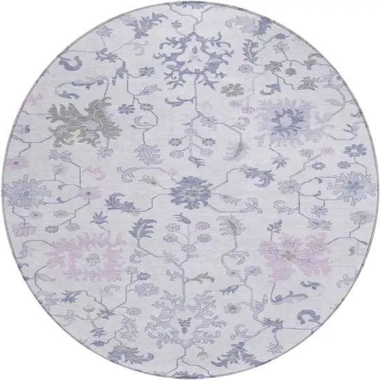 8' Lavender Mauve And Gray Round Floral Washable Indoor Outdoor Area Rug Photo 1