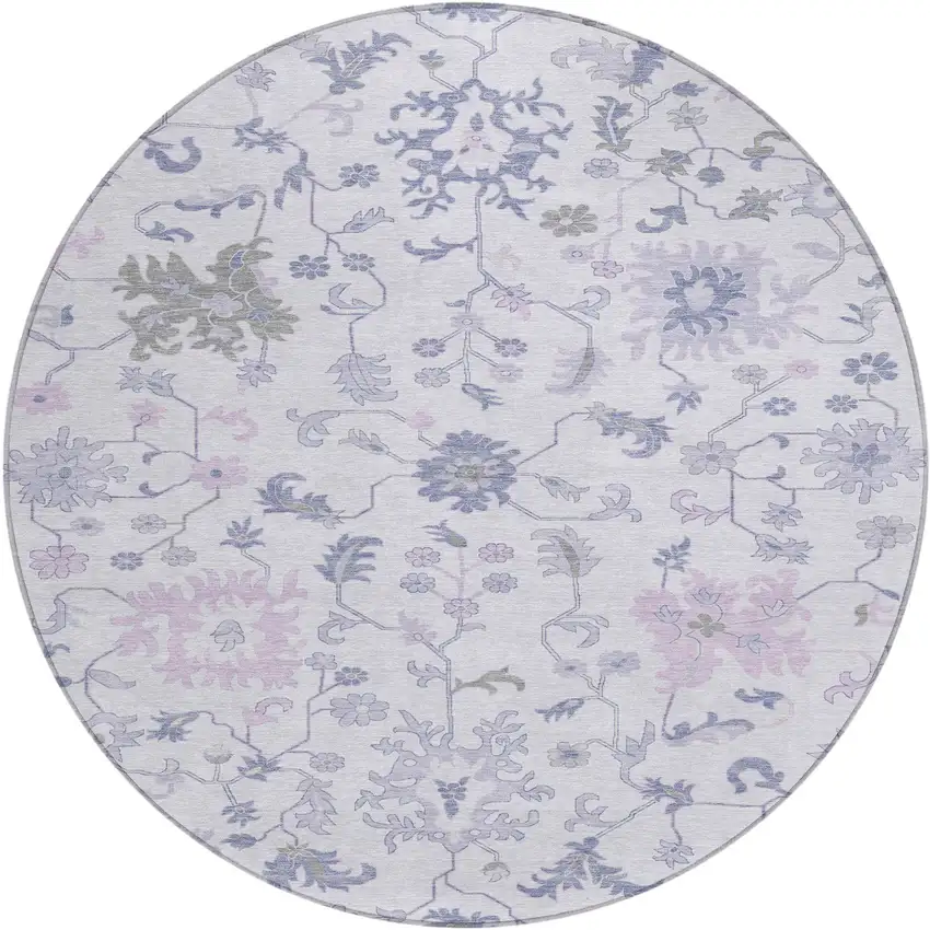 8' Lavender Mauve And Gray Round Floral Washable Indoor Outdoor Area Rug Photo 1