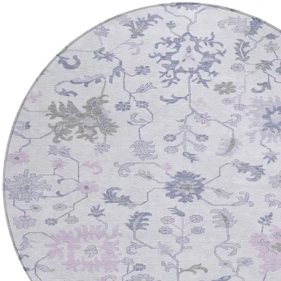 8' Lavender Mauve And Gray Round Floral Washable Indoor Outdoor Area Rug Photo 4