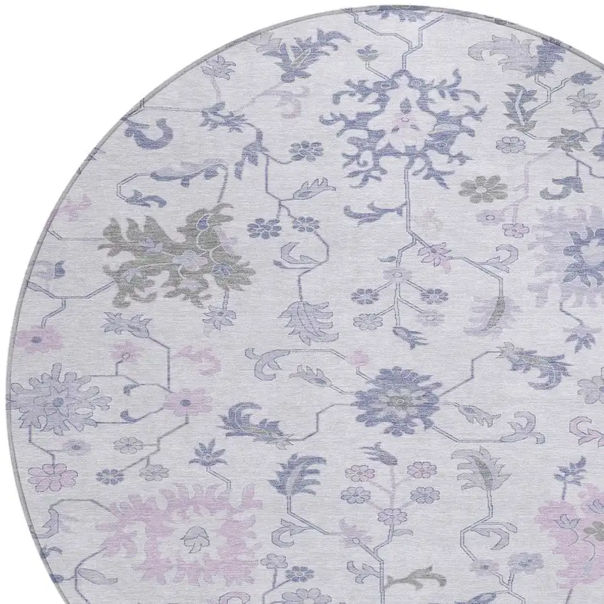 8' Lavender Mauve And Gray Round Floral Washable Indoor Outdoor Area Rug Photo 4