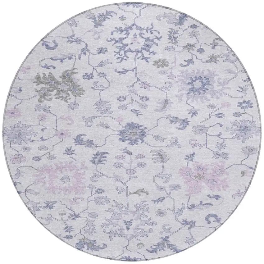 8' Lavender Mauve And Gray Round Floral Washable Indoor Outdoor Area Rug Photo 3