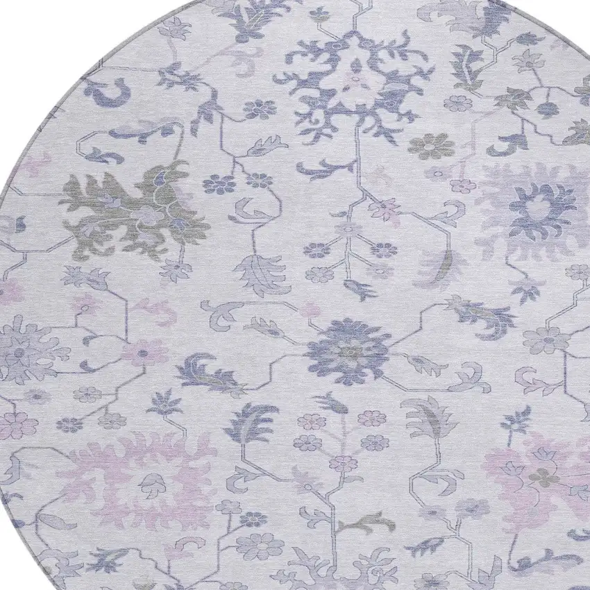 8' Lavender Mauve And Gray Round Floral Washable Indoor Outdoor Area Rug Photo 8