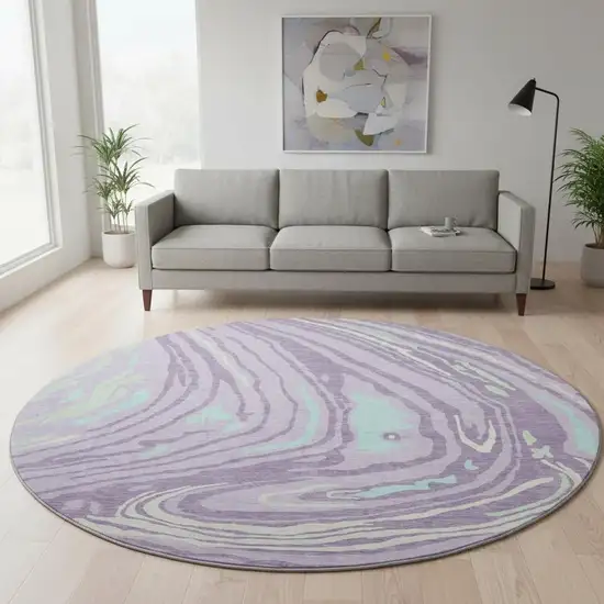 8' Lavender Mint Green And Sky Blue Abstract Washable Round Rug With UV Protection Photo 2