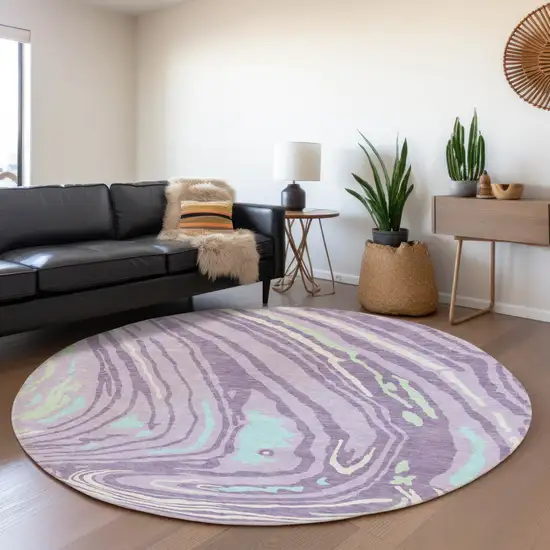 8' Lavender Mint Green And Sky Blue Abstract Washable Round Rug With UV Protection Photo 4