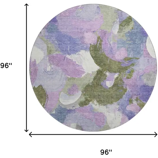 8' Lavender Olive Green And Ivory Abstract Washable Round Rug With UV Protection Photo 9