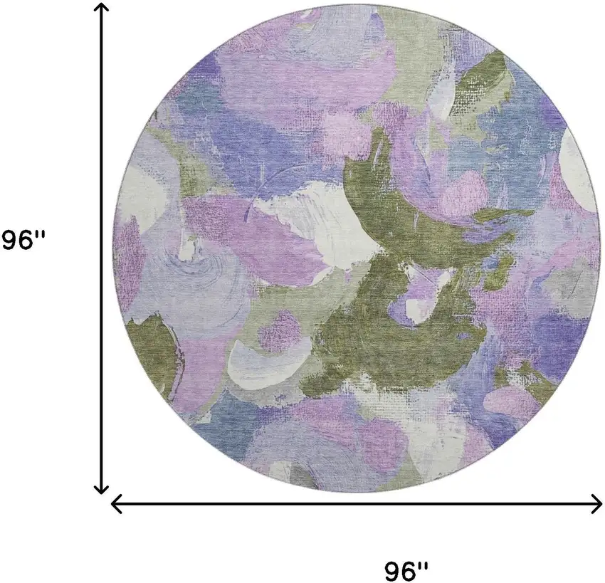 8' Lavender Olive Green And Ivory Abstract Washable Round Rug With UV Protection Photo 9