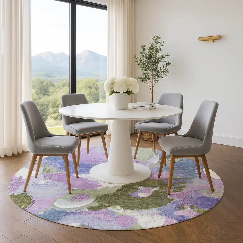 8' Lavender Olive Green And Ivory Abstract Washable Round Rug With UV Protection Photo 5