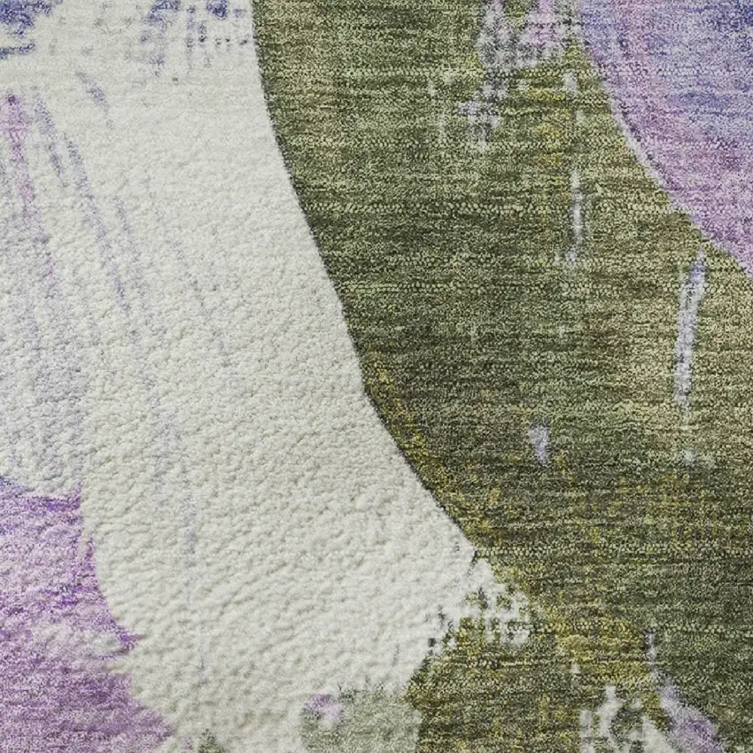 8' Lavender Olive Green And Ivory Abstract Washable Round Rug With UV Protection Photo 9
