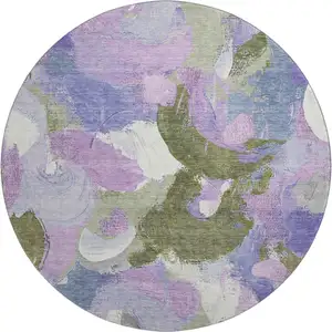 Photo of 8' Lavender Olive Green And Ivory Abstract Washable Round Rug With UV Protection