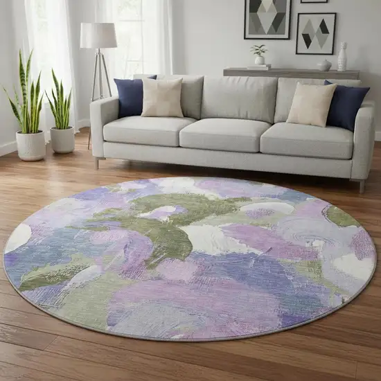 8' Lavender Olive Green And Ivory Abstract Washable Round Rug With UV Protection Photo 2