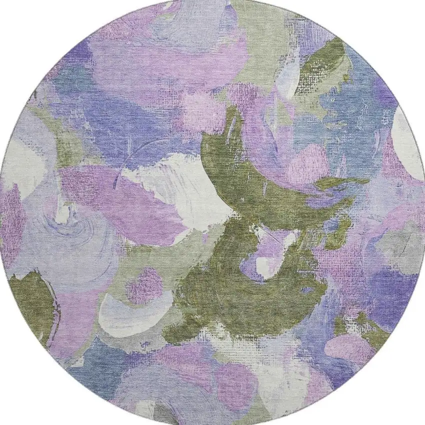8' Lavender Olive Green And Ivory Abstract Washable Round Rug With UV Protection Photo 4