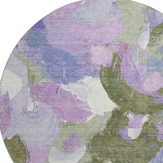 8' Lavender Olive Green And Ivory Abstract Washable Round Rug With UV Protection Photo 3
