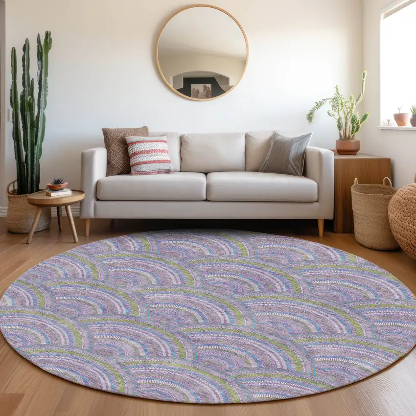 8' Lavender Olive Green And Ivory Geometric Washable Round Rug With UV Protection Photo 4