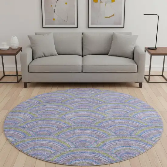 8' Lavender Olive Green And Ivory Geometric Washable Round Rug With UV Protection Photo 2