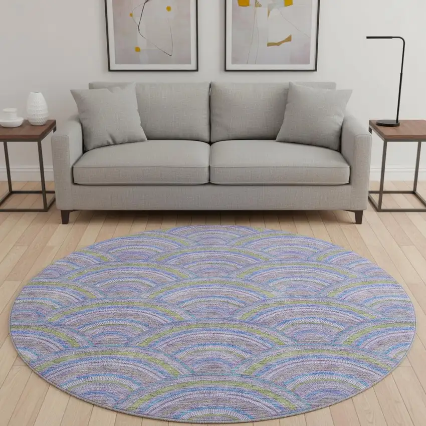 8' Lavender Olive Green And Ivory Geometric Washable Round Rug With UV Protection Photo 2