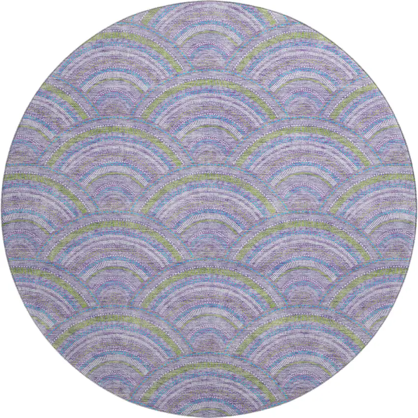 8' Lavender Olive Green And Ivory Geometric Washable Round Rug With UV Protection Photo 1