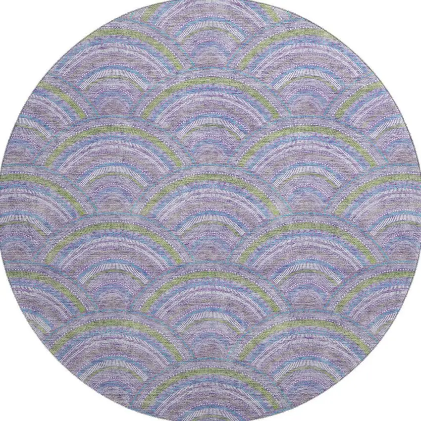 8' Lavender Olive Green And Ivory Geometric Washable Round Rug With UV Protection Photo 3