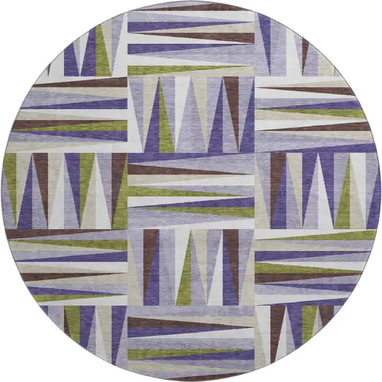 8' Lavender Olive Green And Ivory Geometric Washable Round Rug With UV Protection Photo 1