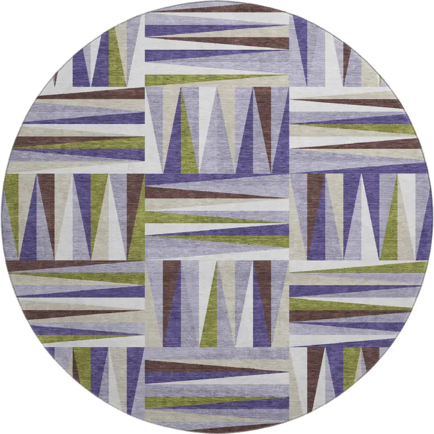 8' Lavender Olive Green And Ivory Geometric Washable Round Rug With UV Protection Photo 1