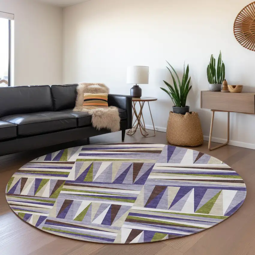8' Lavender Olive Green And Ivory Geometric Washable Round Rug With UV Protection Photo 4