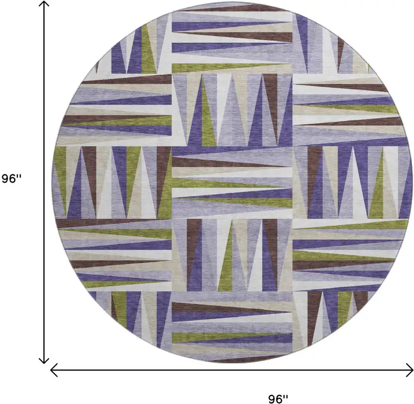 8' Lavender Olive Green And Ivory Geometric Washable Round Rug With UV Protection Photo 9