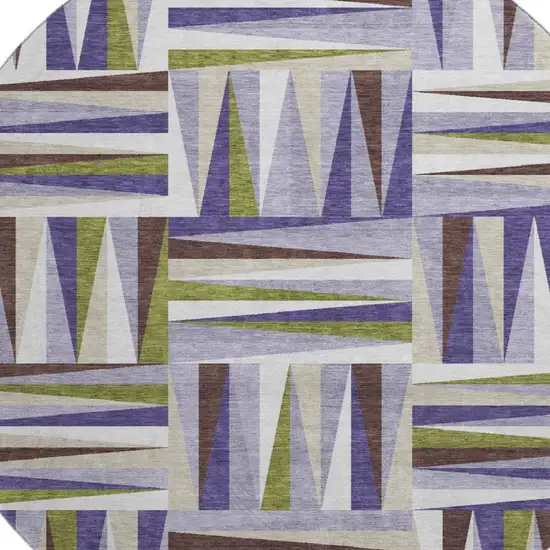 8' Lavender Olive Green And Ivory Geometric Washable Round Rug With UV Protection Photo 2