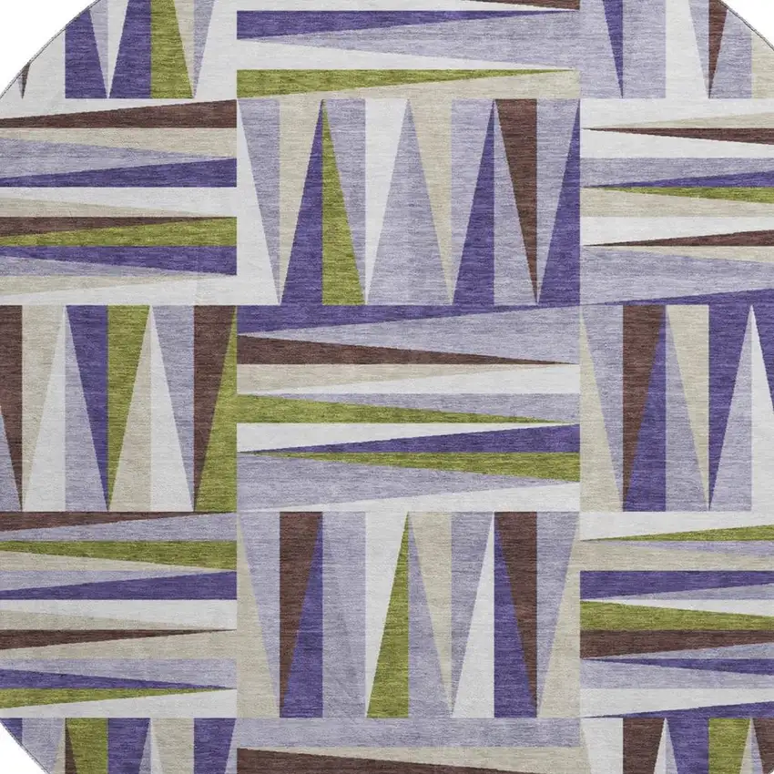 8' Lavender Olive Green And Ivory Geometric Washable Round Rug With UV Protection Photo 2