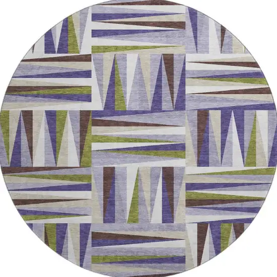 8' Lavender Olive Green And Ivory Geometric Washable Round Rug With UV Protection Photo 3