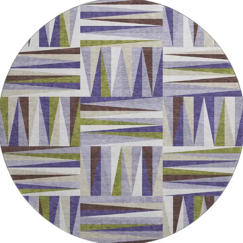 8' Lavender Olive Green And Ivory Geometric Washable Round Rug With UV Protection Photo 3