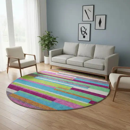 8' Lavender Orange And Lime Green Striped Washable Round Rug With UV Protection Photo 2
