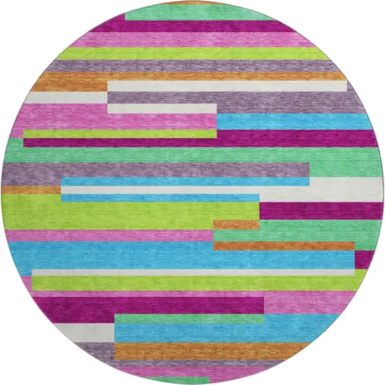 8' Lavender Orange And Lime Green Striped Washable Round Rug With UV Protection Photo 1