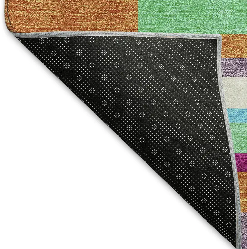 8' Lavender Orange And Lime Green Striped Washable Round Rug With UV Protection Photo 5