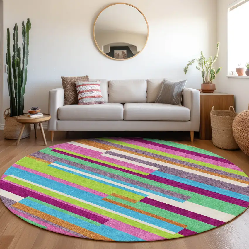 8' Lavender Orange And Lime Green Striped Washable Round Rug With UV Protection Photo 4