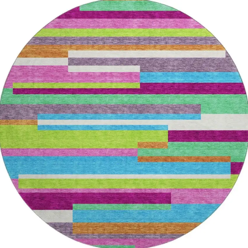 8' Lavender Orange And Lime Green Striped Washable Round Rug With UV Protection Photo 2