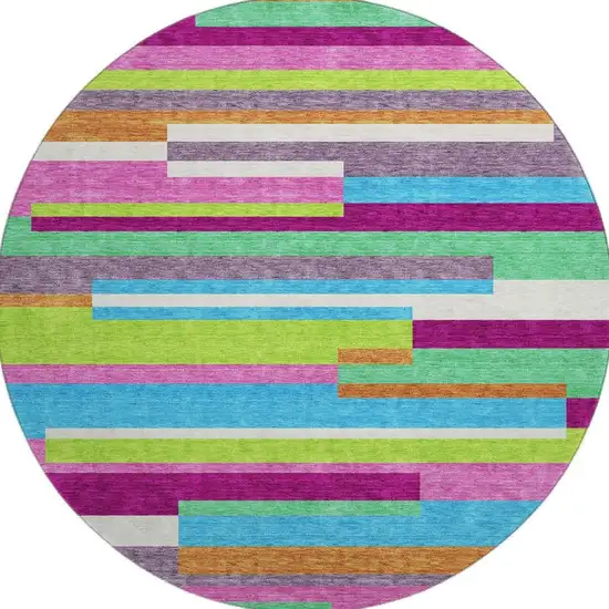 8' Lavender Orange And Lime Green Striped Washable Round Rug With UV Protection Photo 2