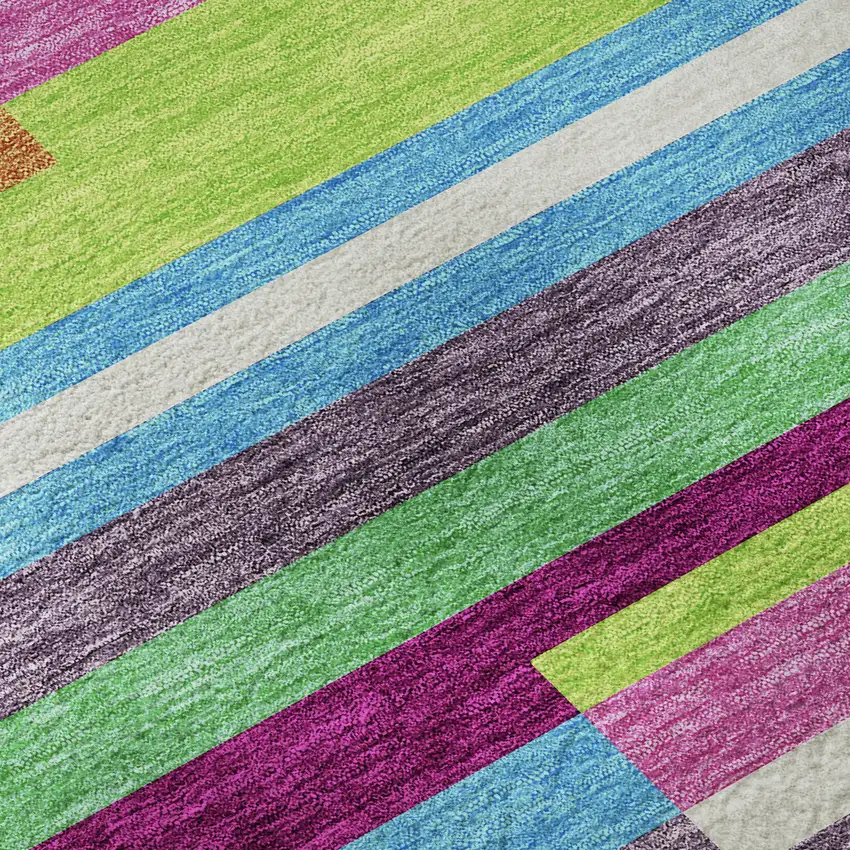 8' Lavender Orange And Lime Green Striped Washable Round Rug With UV Protection Photo 8