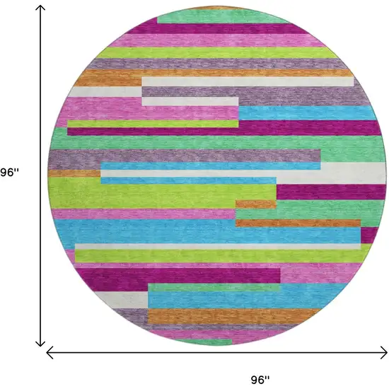 8' Lavender Orange And Lime Green Striped Washable Round Rug With UV Protection Photo 9