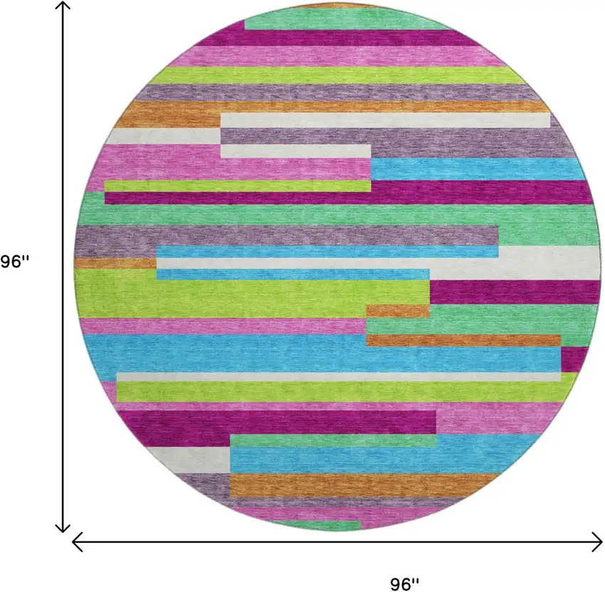 8' Lavender Orange And Lime Green Striped Washable Round Rug With UV Protection Photo 9