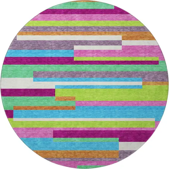 8' Lavender Orange And Lime Green Striped Washable Round Rug With UV Protection Photo 3