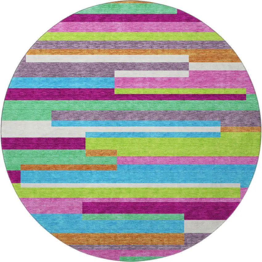 8' Lavender Orange And Lime Green Striped Washable Round Rug With UV Protection Photo 3