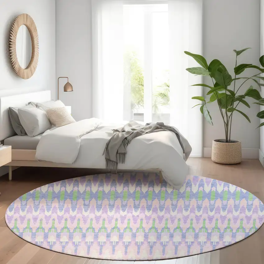 8' Lavender Pink And Green Southwestern Washable Round Rug With UV Protection Photo 5